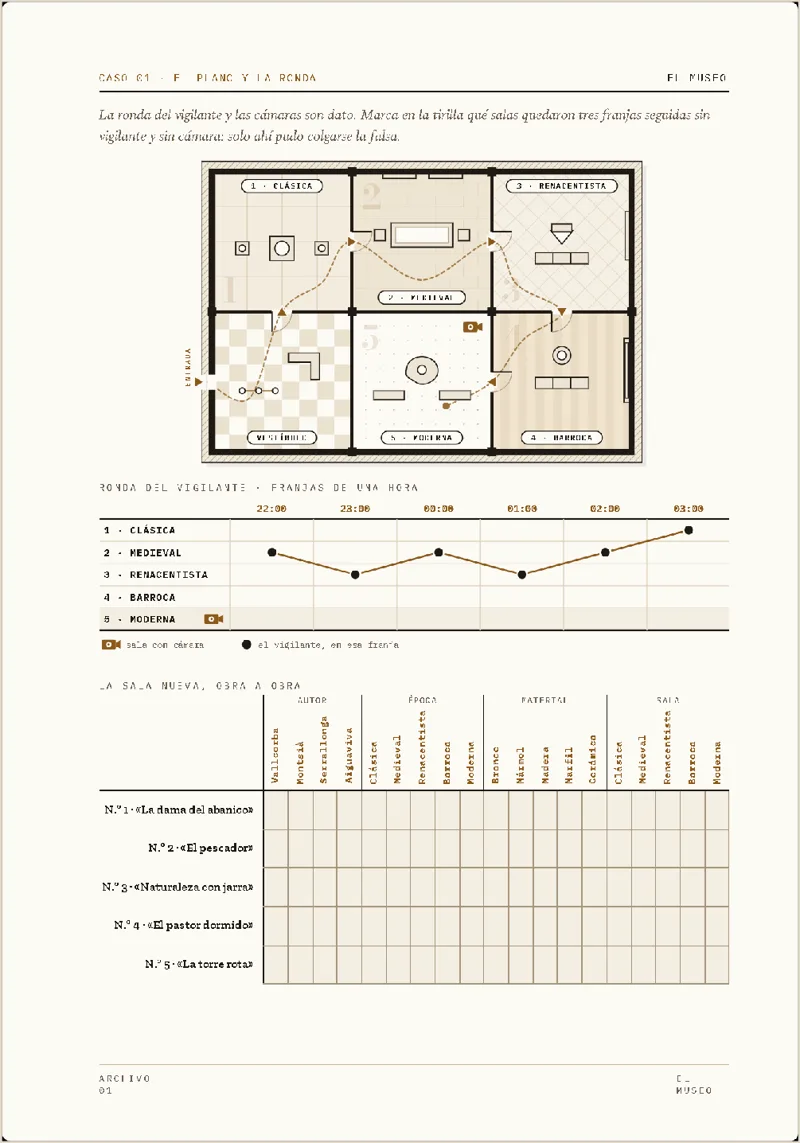 Página interior de El Museo: plano del escenario y rejilla para resolver el caso